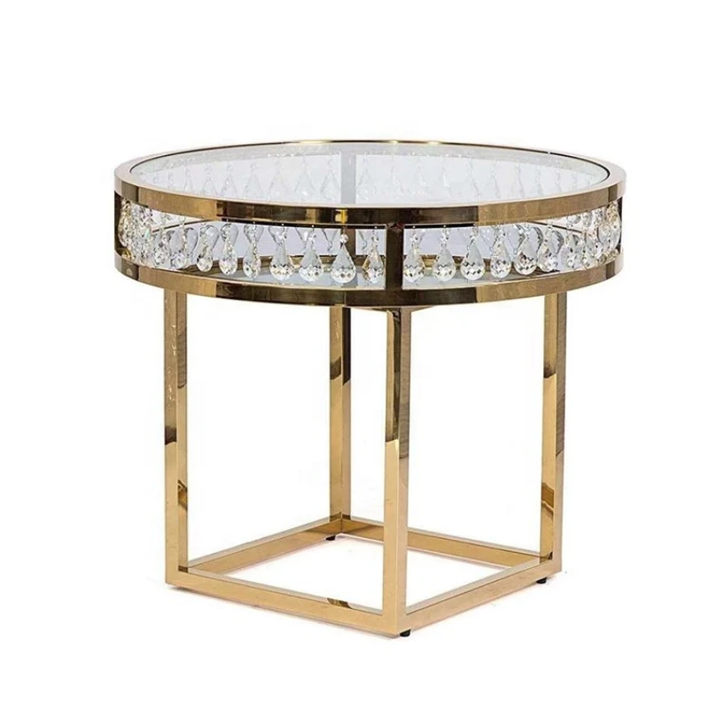 

2019 romantic gold stainless steel crystal glass top wedding cake table