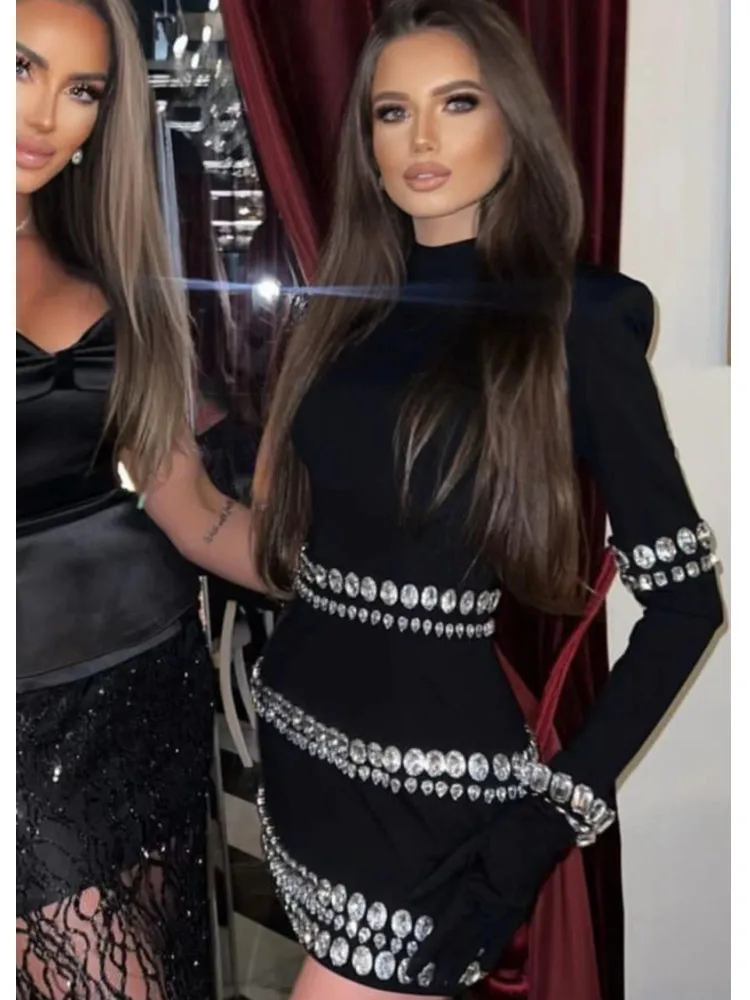 

High Quality Women Long Sleeve Crystal Bodycon Bandage Mini Dress Fashion Birthday Party Cocktail Dress 2023 New Designer