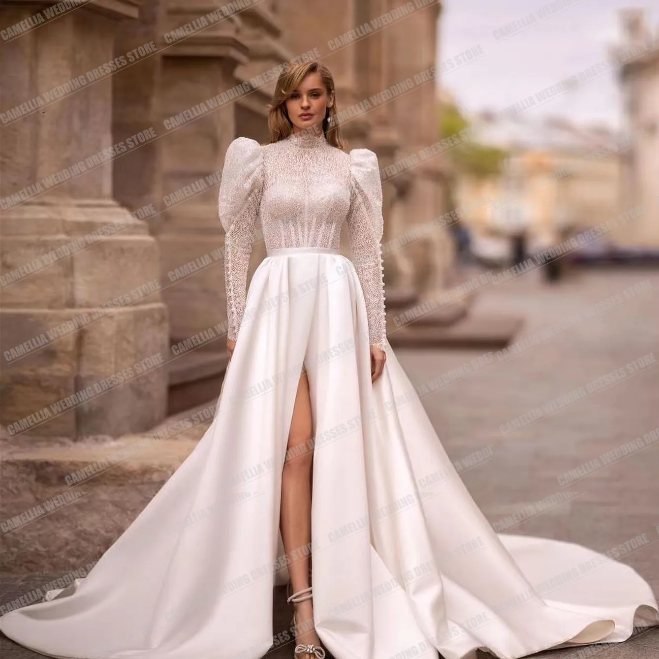 

Dubai Arab Modern Elegant A Line Wedding Dresses For Woman Sexy Side Split Lace Long Sleeve Formal Princess Muslim Bride Gowns