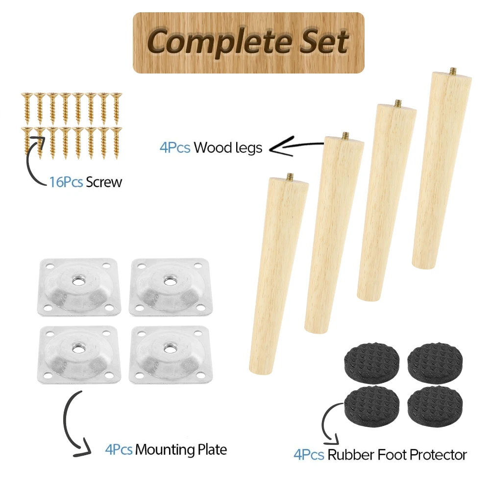 Set of 4 Wooden Furniture Legs - Non-slip Replacement Feet for Tables, Chairs, Sofas, and Beds