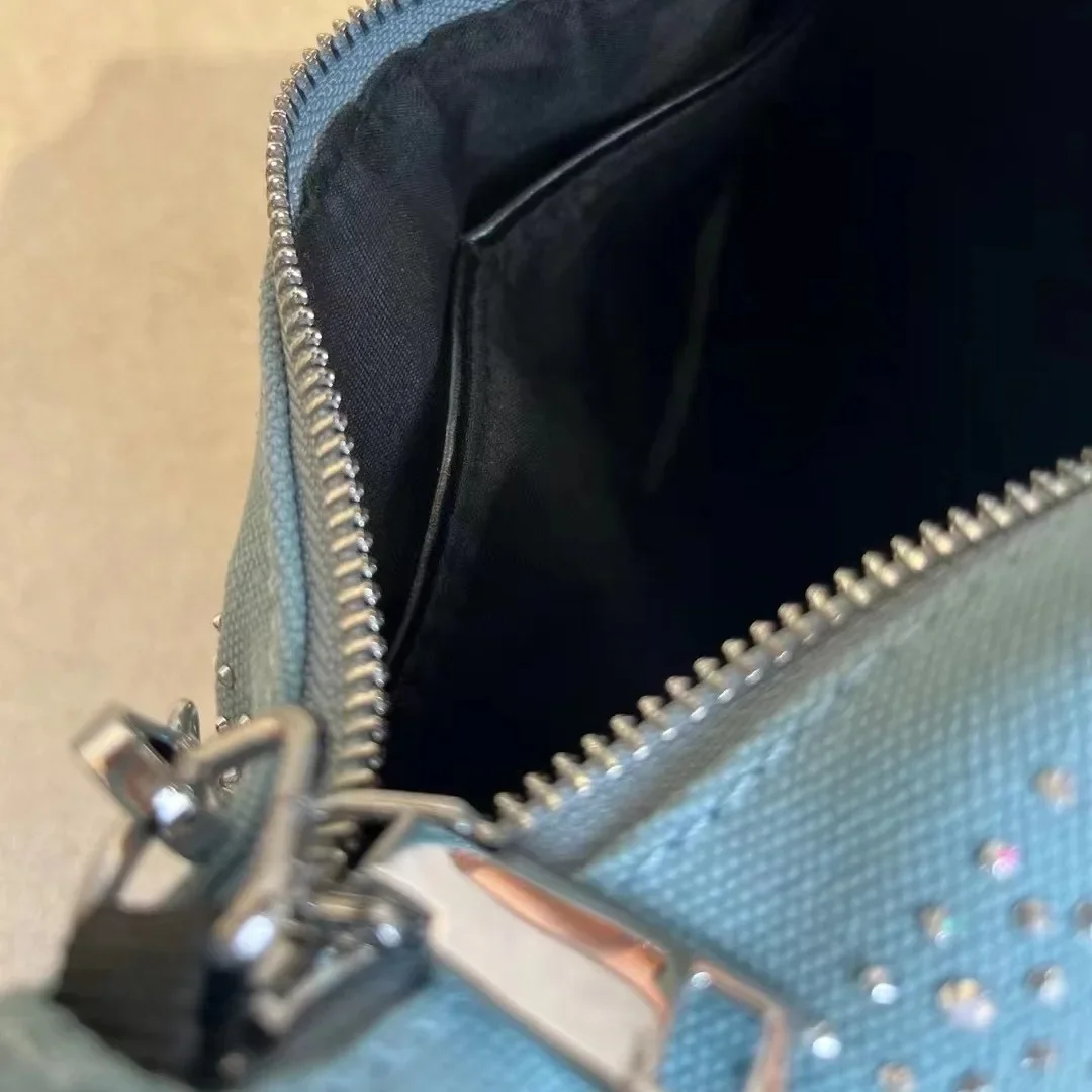 Women's Party Diamond Denim Bag 2024 New Fashion Design Chain Crossbody Bag Single Shoulder Pouch Blue Pleated Handbag