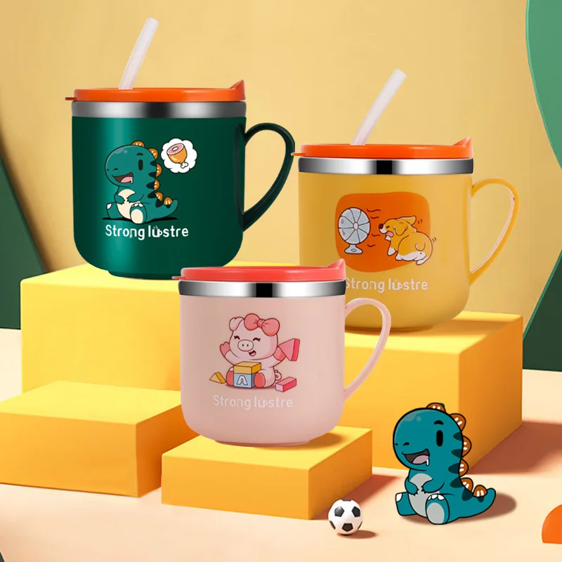 250ml Kids Drinking Feeding Straw Baby Cup with Lid&Straw and Anti Drop 304 Stainless Steel Milk Cup Cartoon One Hand Grip 3