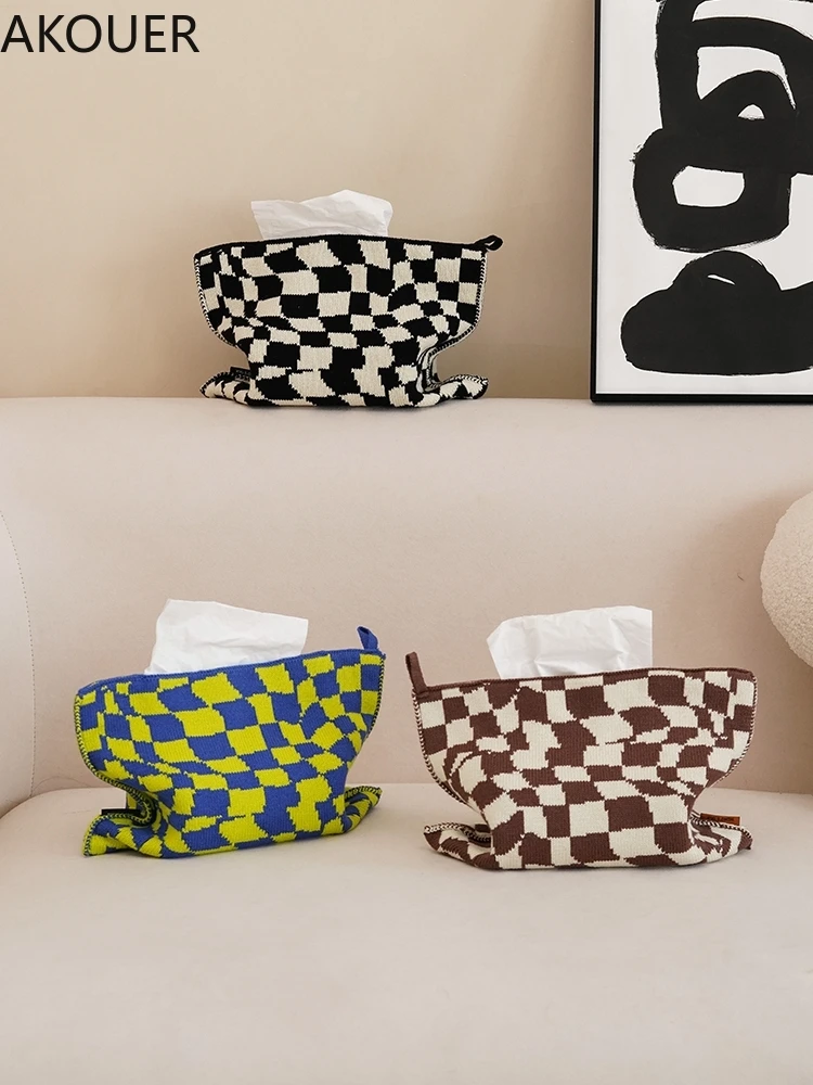 

Checkerboard Knitted Tissue Bag Living Room Tissue Bag Storage Box Nordic Style Living Room Dining Table Decoration Box