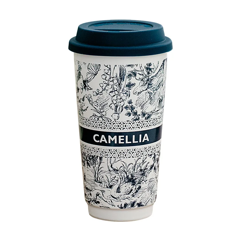 Ceramic Portable Water Cup with Silicone Lid - Large Capacity Dust-proof Mug