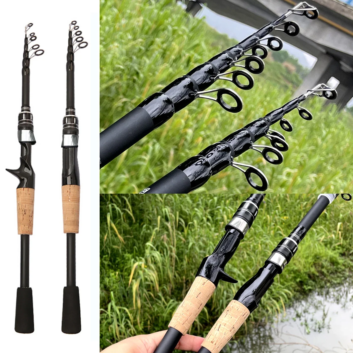Telescopic Fishing Rods 1.5M 1.8M 2.1M 2.4M Carbon Spinning Rod Baitcasting Fishing Pole 8g-25g Wooden Handle Casting Fishing Tackle