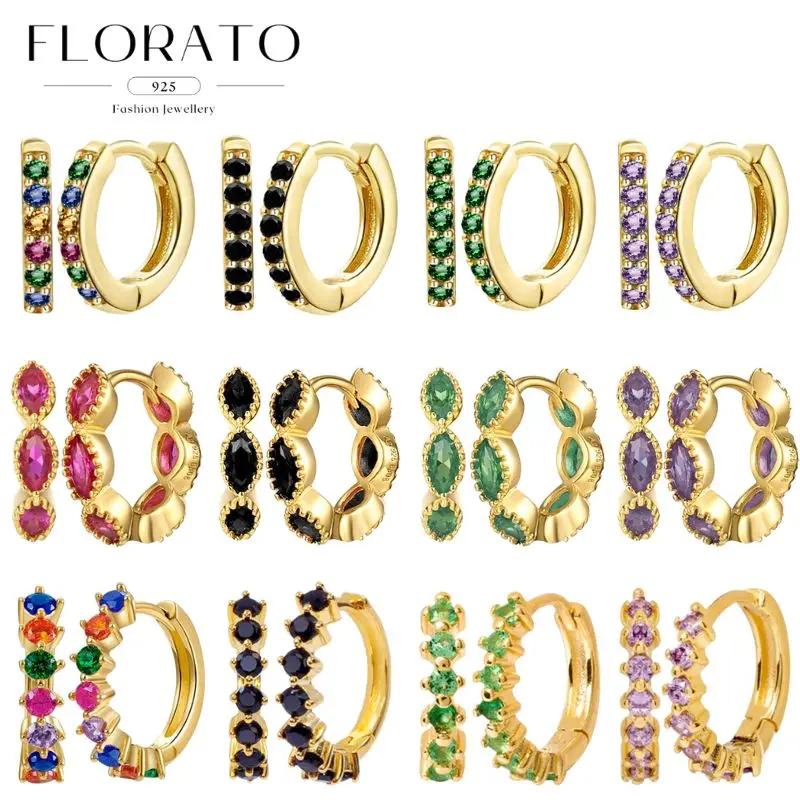 Pendientes de aro de plata 925 con cristales de circonita coloridos para mujer, pendientes minimalistas de moda, joyería.