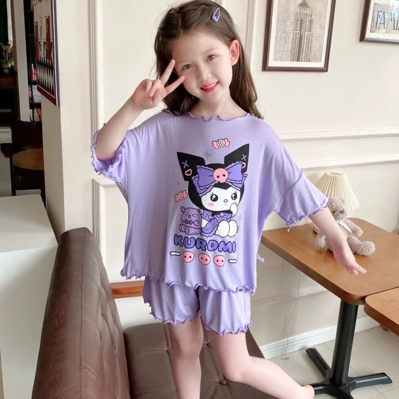 

Anime Sanrios Summer Kids Ice Silk Pajamas Set Kawaii Kuromis Cinnamorolls Cartoon Short Sleeve Cardigan Loungewear Set