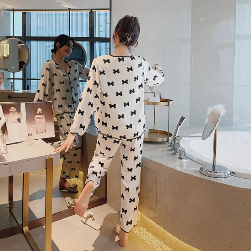 Women 2 Piece Pajamas Sets Bow Print Pijama Faux Silk Satin V-neck Pyjama Female Sleepwear Suit Long Sleeve Shirt Pants Homewear