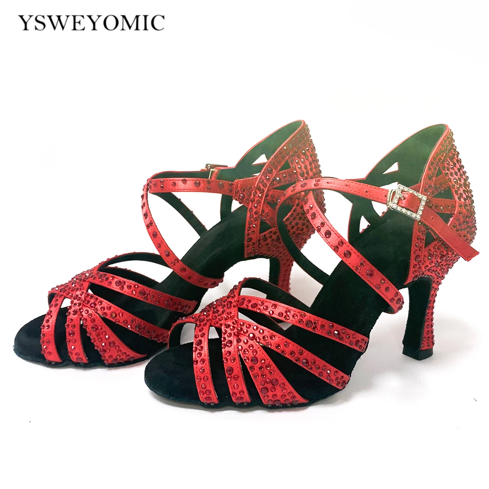 Women Dancing Shoes High Heel 10cm Satin With Crystal Latin Salsa Indoor