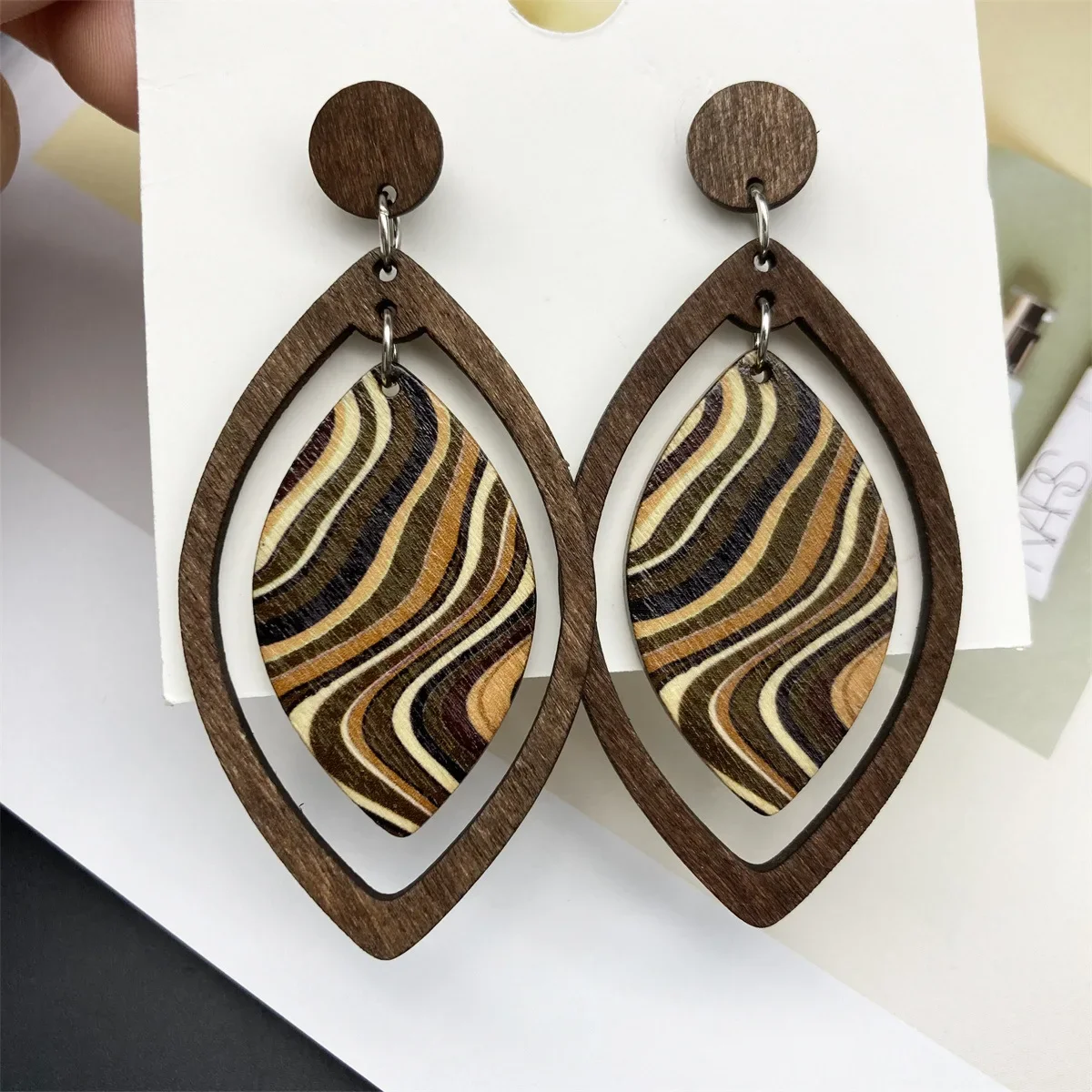 Bohemian Style Long Earrings Water Ripples Leaves Geometric Retro Wooden Earrings for Women Jewelry Wholesale 3