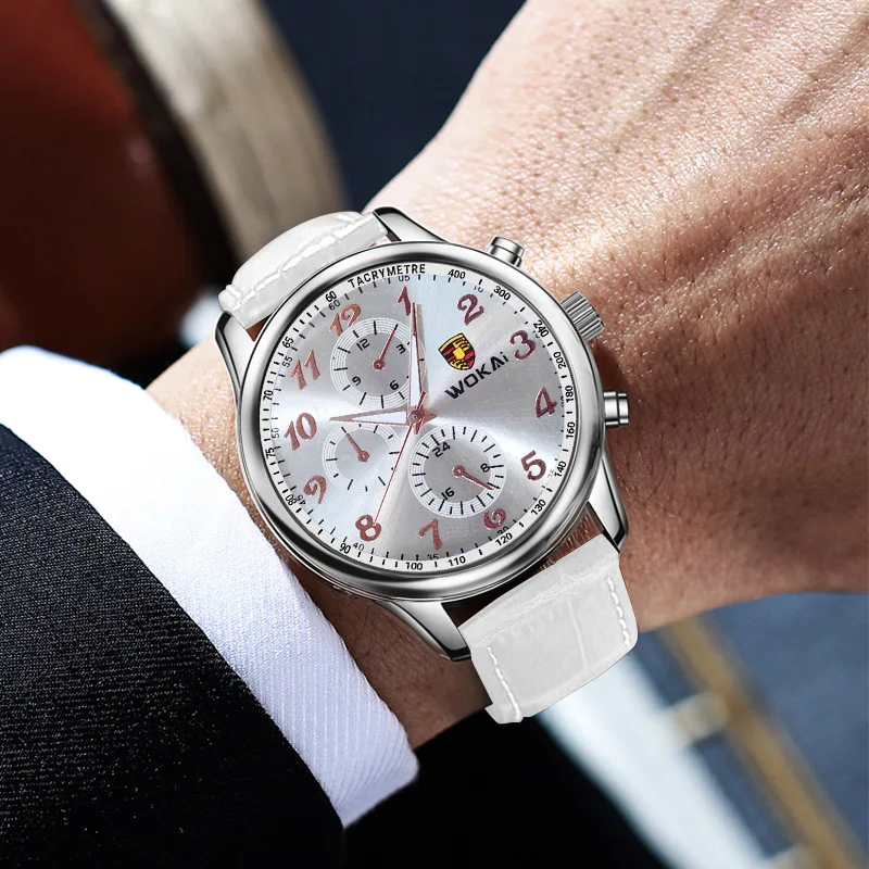 

Hot Sale WOKAI Watch Men White Sport Watches Leather Band Quarz Wristwatches Men Best Gift Low Price Reloj Hombre Montre Homme