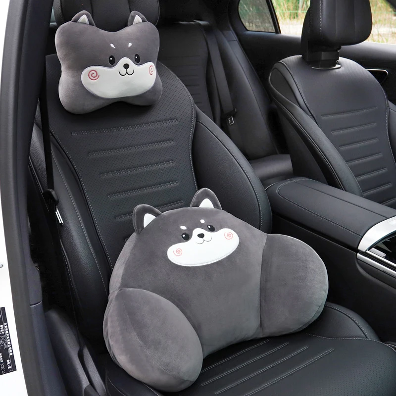 1Set Cute Cartoon Plush Car Headrest Neck Pillow Waist Back Cushion Auto Interio