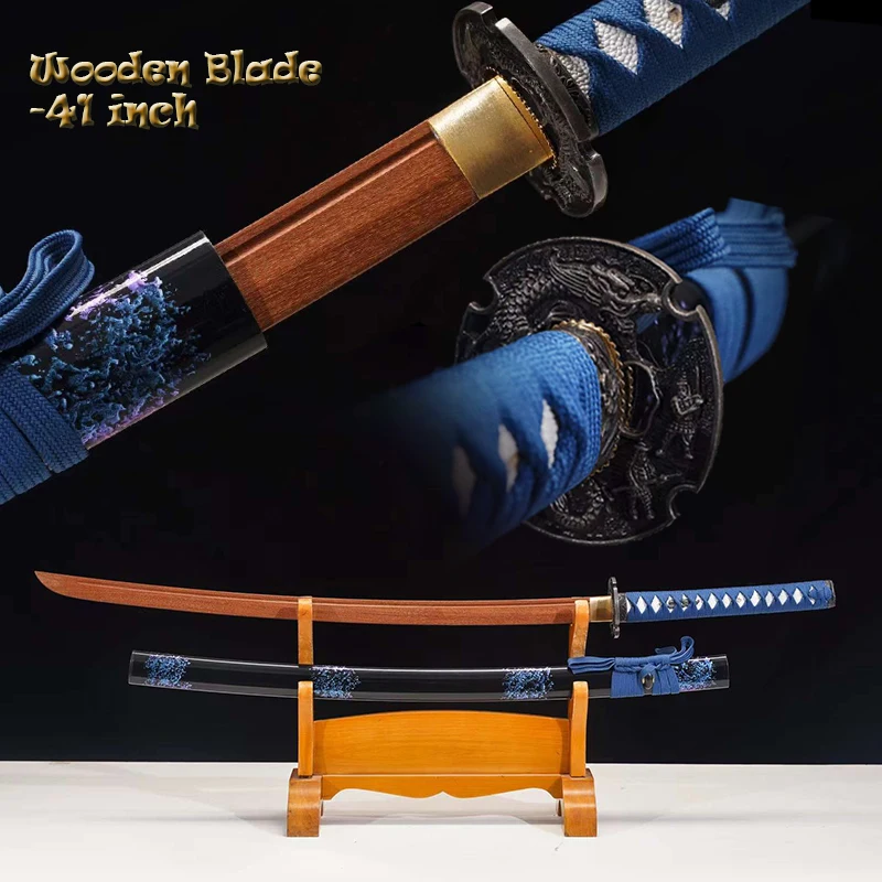 

40Inch Katana-Training Sword Iaido/Iaito Bushido Props-Log Rosewood Blade-Japanese Samurai Sword-Blue Painting Saya-Dragon