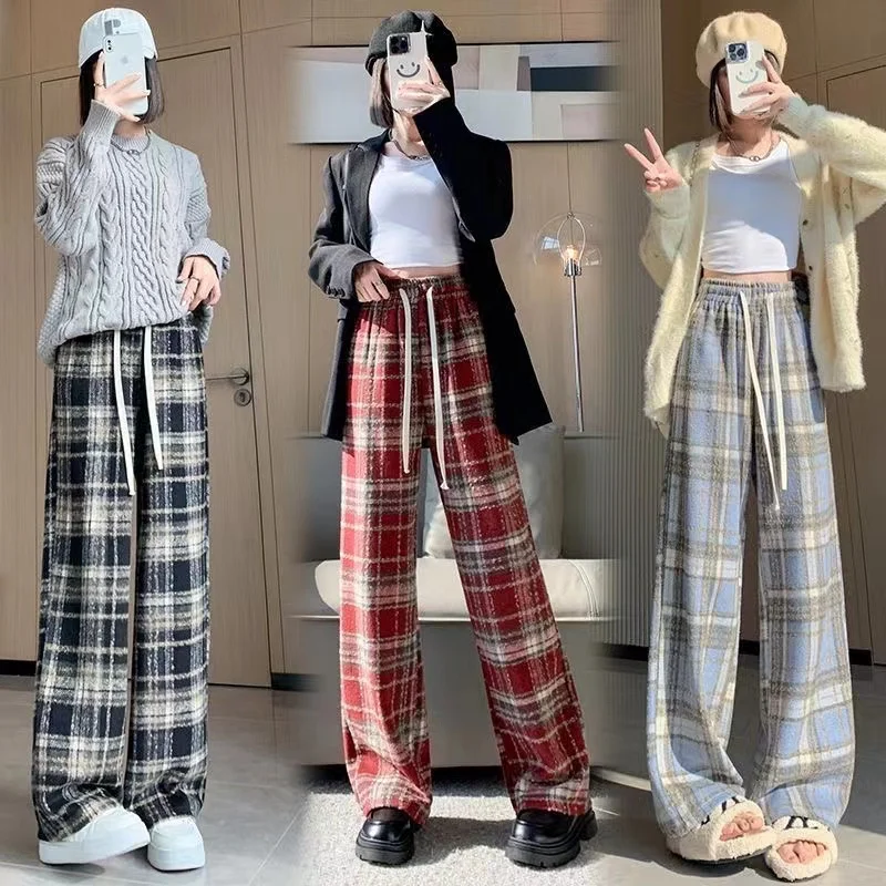 

Women Autumn Classic Plaid Wide Leg Pants Korean Style Vintage Loose High Waist Straight Trousers Y2k Streetwea Full Length Pan