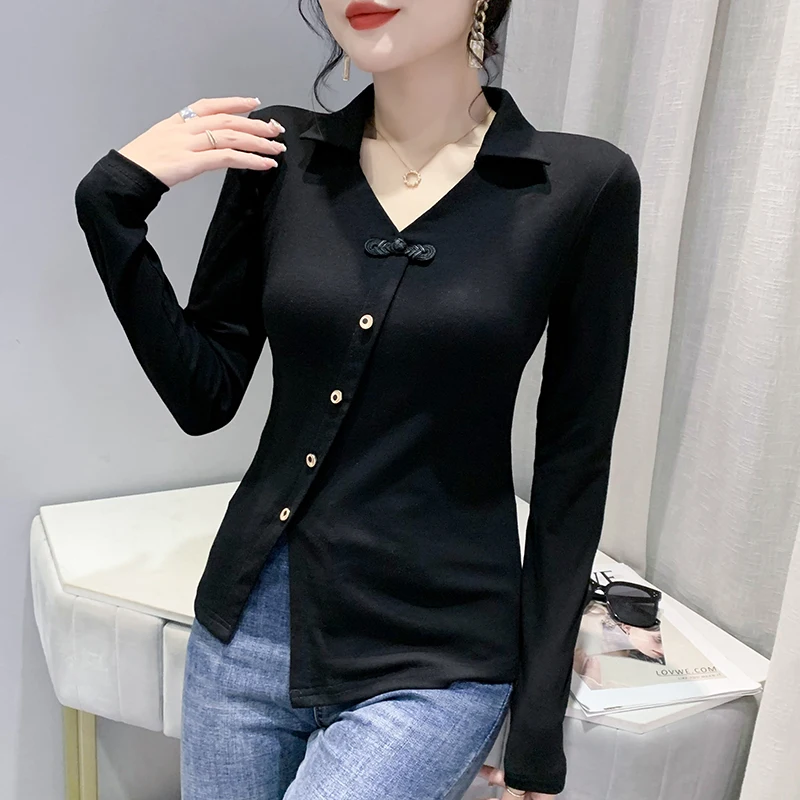 

2023 New Fall Winter Vintage Clothes T-Shirt Women's Fasion Sexy POLO Collar Button Tops Long Sleeve Slim Slit Basic Tees 37081