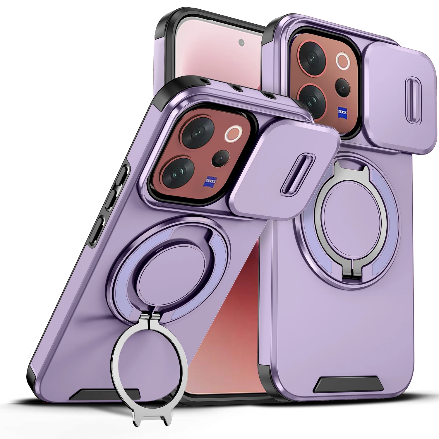 Vivo V70 Enhanced Armor Case with Slide Camera Lens Protector and Magnetic Ring Holder