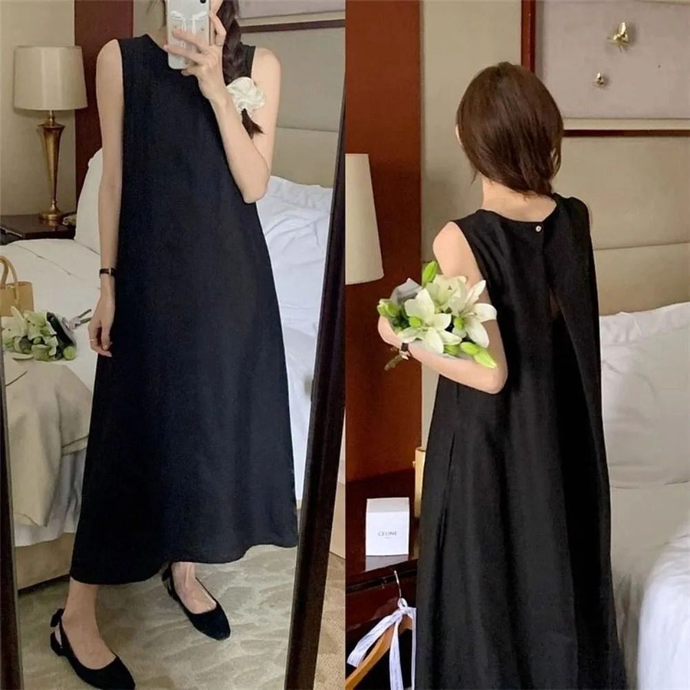 Solid Summer Sleeveless Dress Round Neck Simple Vocation Vest Dresses Hollowed Out Beachwear Open Back Long Dress Students