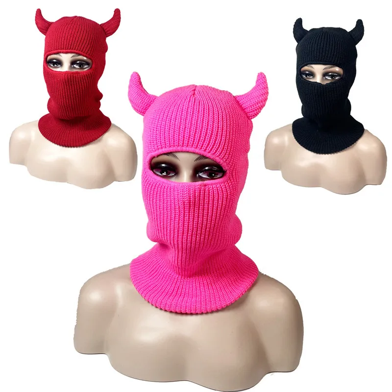 

New Unisex Balaclava Winter Hat Solid Color Balaclava Ox Horn Single Hole Pullover Cap Couple Fashion Funny Knitted Wool Hats