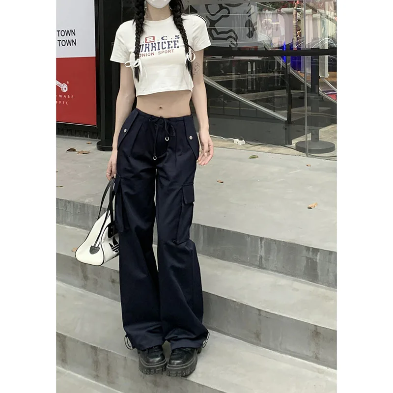 

Hippie Wide Leg Cargo Pants Women Casual Vintage Low Waist Drawstring Joggers Tech Pants Solid Button Streetwear Baggy Trousers