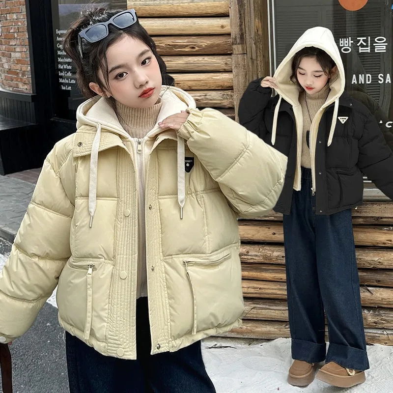 【جديد ] معطف شتوي سميك للفتيات اثنين في واحد سترة معزولة أنيقة للأطفال تصميم عصري متعدد الطبقات للخارجية