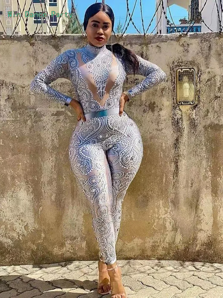 Women pole dance wears bodysuit pearl diamonds jumpsuit tight outfits disco performance costumes singer show dress clothe