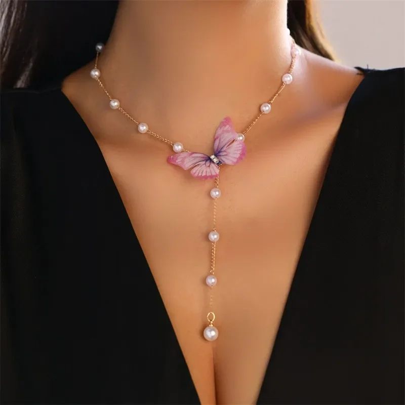

Butterfly Tassel Women's Necklace with Diamonds Imitation Pearls Luxury Fashion Banquet Gift Clavicle Chain For Woman Jewelry
