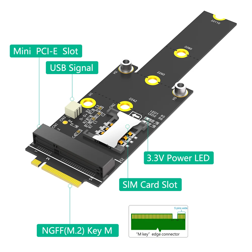 Mini PCI-E to M.2(NGFF ) key M Adapter With SIM card