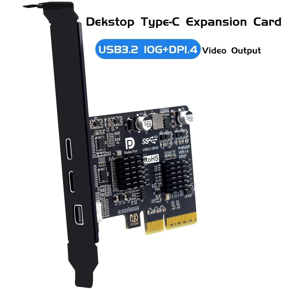 PCI-E X4에서 Type-C로 비디오 확장 카드는 DP 비디오 데스크탑 USB3.2 10G TYPE-C 포트 모니터 도크 어댑터 카드를 지원합니다.
