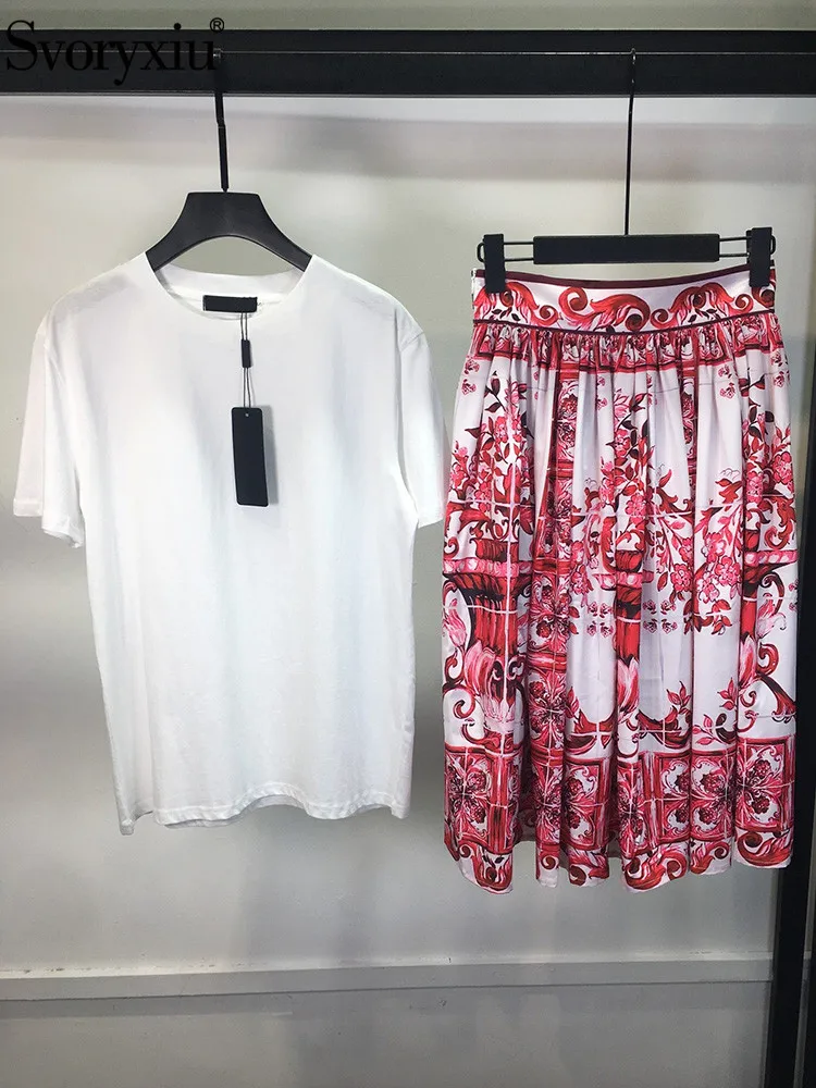 

Svoryxiu Designer Summer Vintage Skirt Suit Women's Black Color Short Sleeve T-shirt Tops+Elastic Waist Print Half Skirt