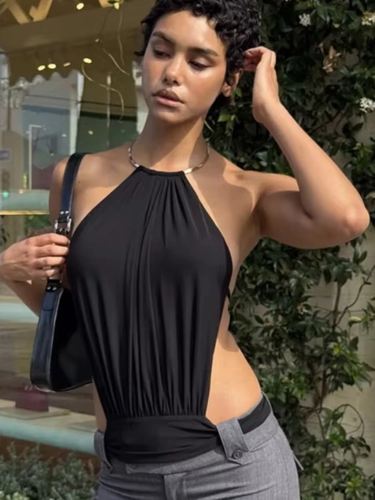 Nibber Sexy Backless Camisole Women Metal Ring Halter Y2K Bandage Ruched Patchwork Skinny Hottie Midnight Clubwear Wild Vest