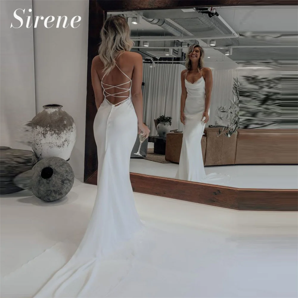 

Spaghetti Strap Mermaid Wedding Dress For Women Soft Satin Criss Cross BackShiny Bridal Gown Ruched Robe De Mariée Sweep Train
