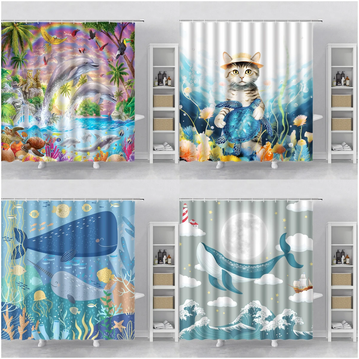 

Ocean Animal Shower Curtain, Funny Underwater Whale Shark Turtle Sailboat Coral Mermaid Beach Cartoon Boys Kids Bathroom Decor