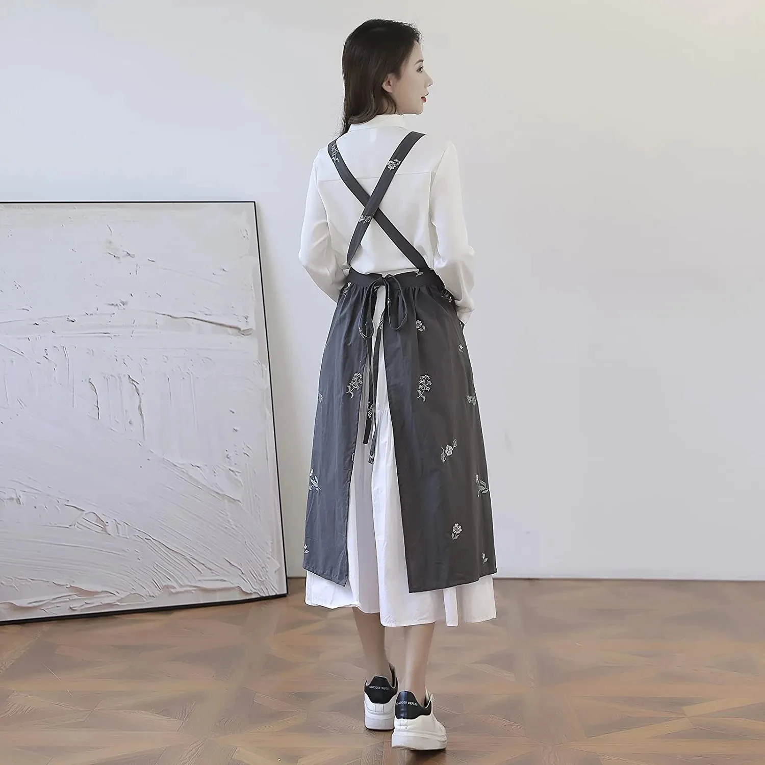 Embroidered Cotton Pinafore Apron Dress with Pockets