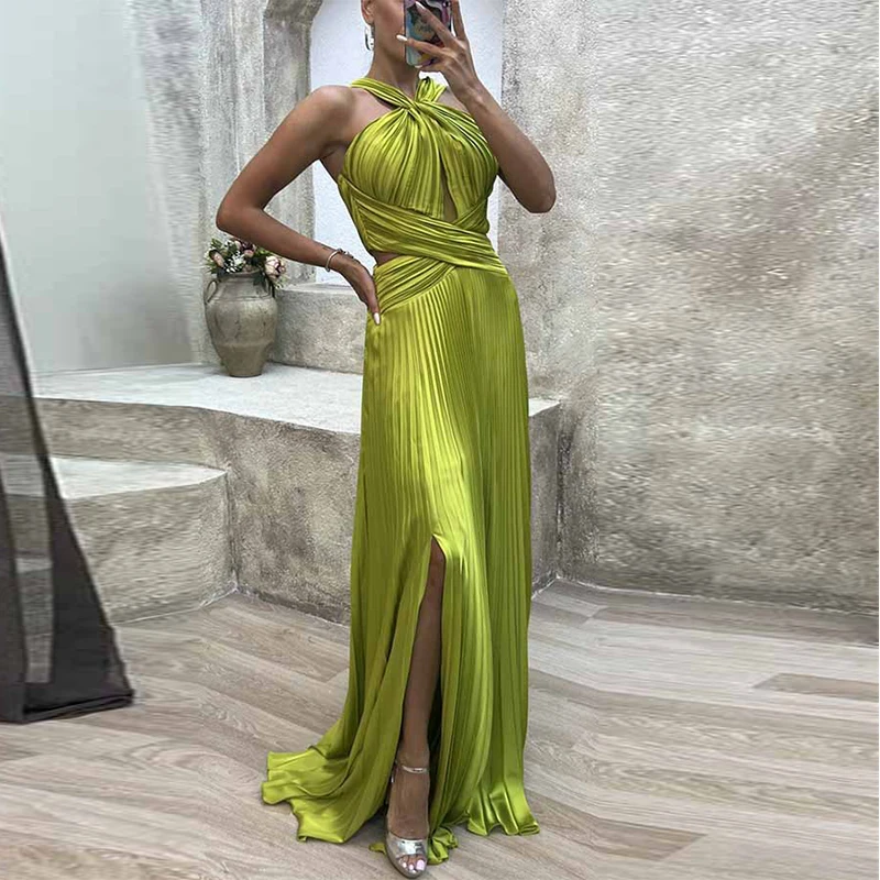 

Sexy Cross Halter Sling Women Evening Dress Spring Solid High Waist Rib Pleat Boho Maxi Dress Summer Off Shoulder Hem Long Dress