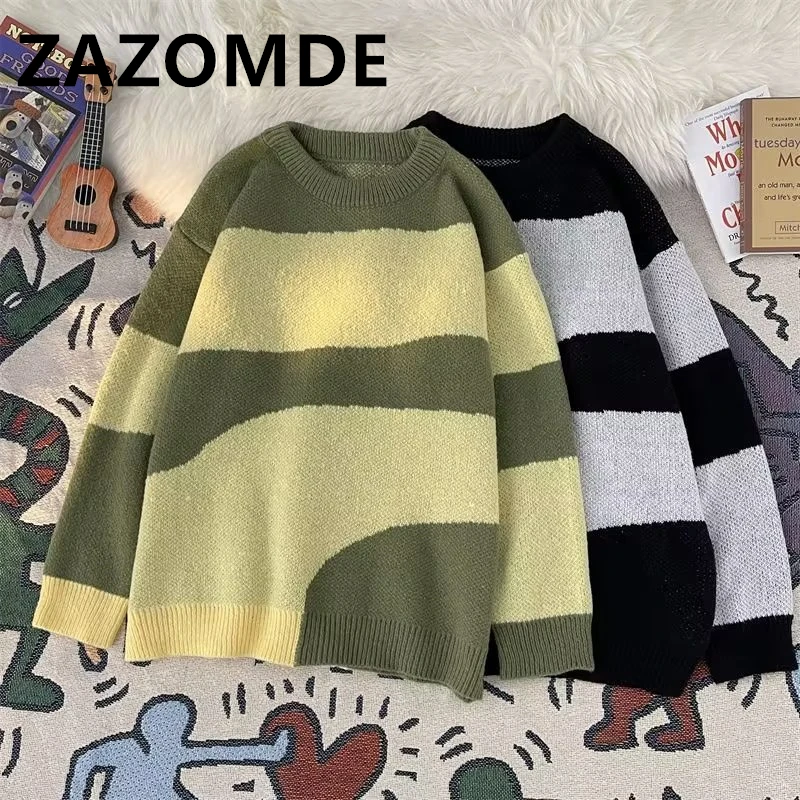 

ZAZOMDE Man Vintage Round Neck Sweater Men's Autumn And Winter 2023 New Loose Japanese Couple Knitted Patchwork Sweaters Men