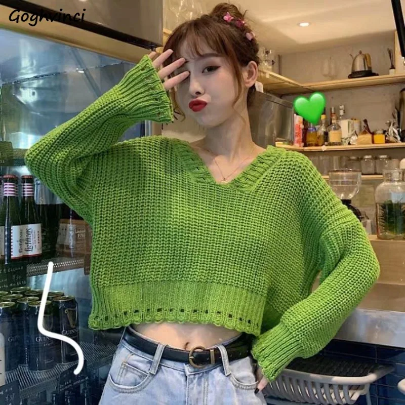 

Crop Knitted Pullovers Women V-neck Stylish Cute Ulzzang Female Loose Autumn Gentle Simple Hotsweet All-match Harajuku Sweaters