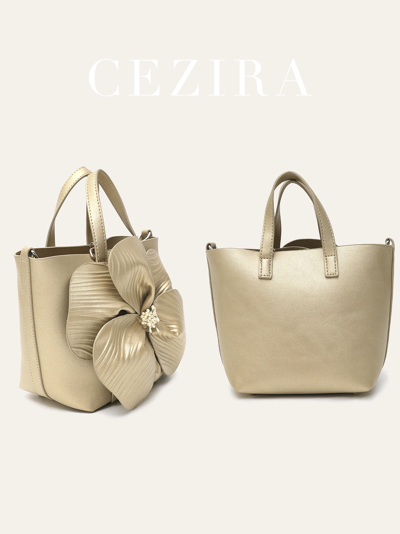 حقيبة كتف جلد نباتي معدني أنيقة للسيدات، مزينة برب...