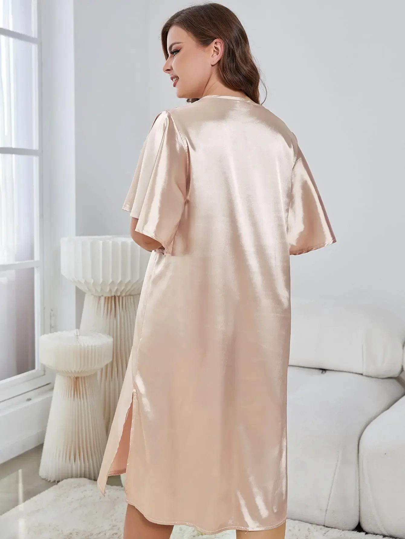 Plus Size Women'S Silk Satin Night Dress Solid Pink Side Split