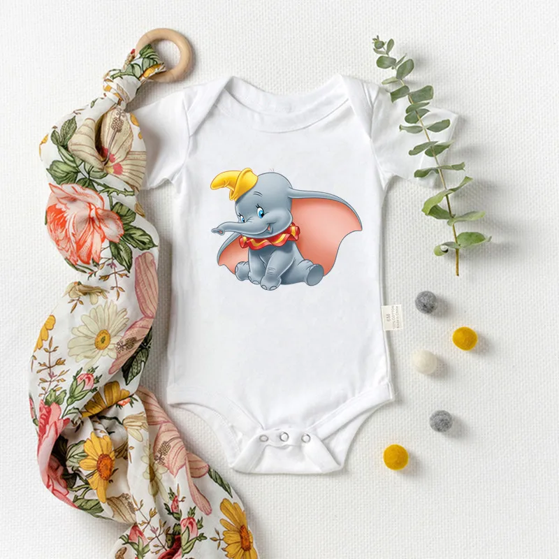 

Lovely Dumbo Cartoon Elephant Baby Bodysuit White Cotton Newborn Short Sleeve Boys Rompers Girl Jumpsuit Infant Playsuit