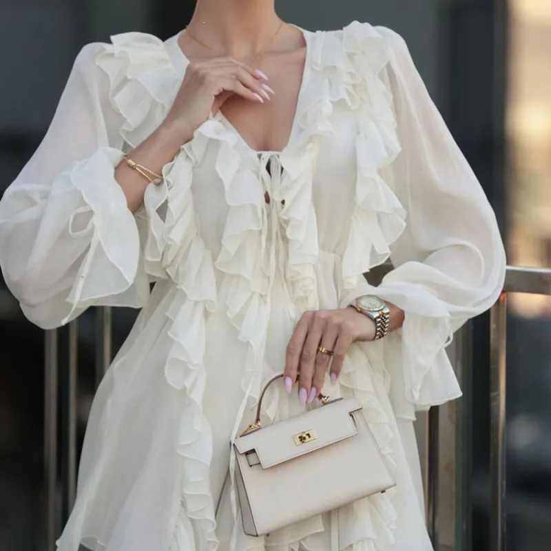 Elegante Abito Corto da Donna in Chiffon Primaverile con Scollo a V, Volant Completo, Coulisse, Maniche Lunghe, Vestibilità Ampia e Fluida, Stile Francese a Trapezio - immagine 5