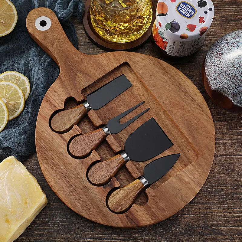 Cross border Wooden Board Steak Cutting Board Wooden Cheese Cheese Board Set with Stainless Steel Cheese Knife 4-piece Set