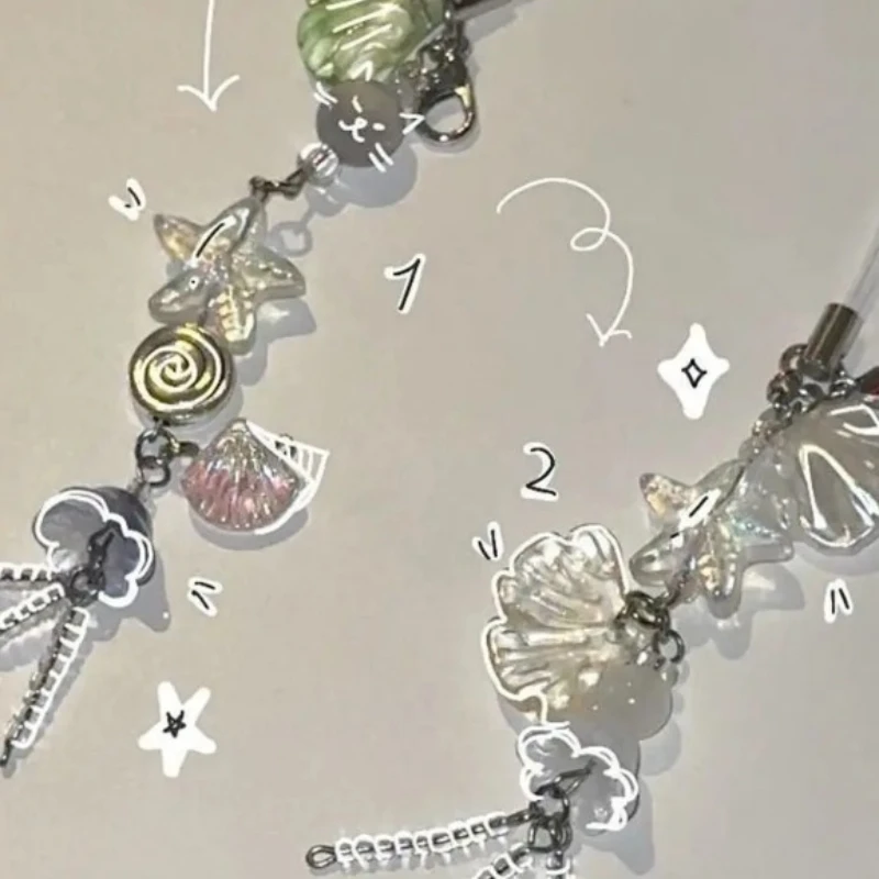 1PC Summer Ocean Style Phone Charm Strap New Woman Bag Seashell Jelly Fish Keychain Keycord Cute Girl Key Strap Lanyard