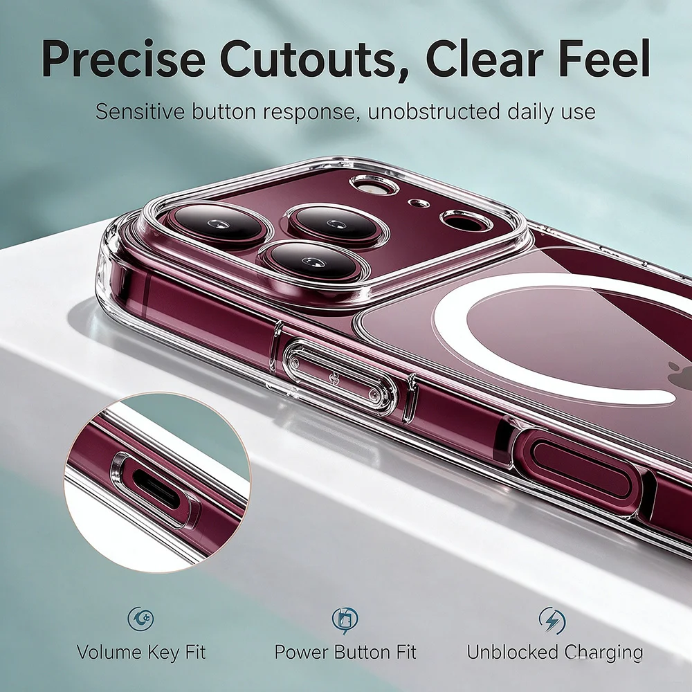 Sleek Transparent Phone Case with MagSafe Compatibility and Magnetic Charging Feature