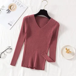 Women's Casual V-Neck Knitted Sweater - Long Sleeve Solid Pullover - One Size (Brick red)