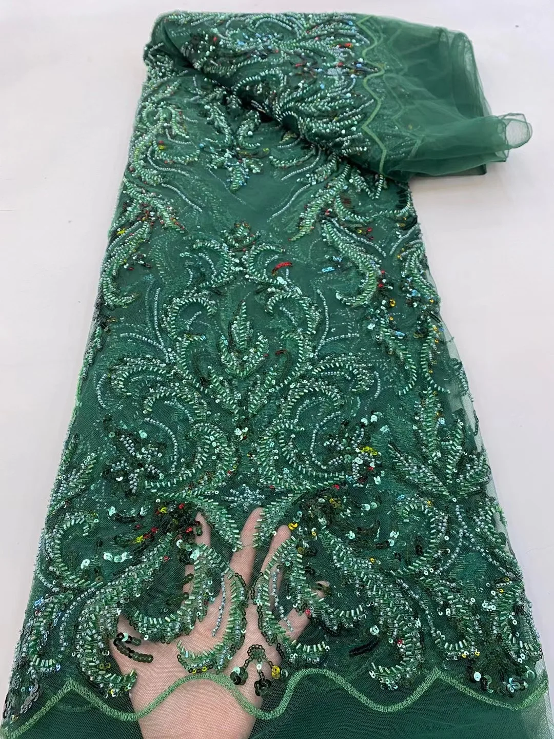 

Luxury Beads Green African Lace Mesh Fabric 2022 High Quality Heavy Beaded Tulle 5 Yards Fabric Nigeria For Wedding Bride Dress