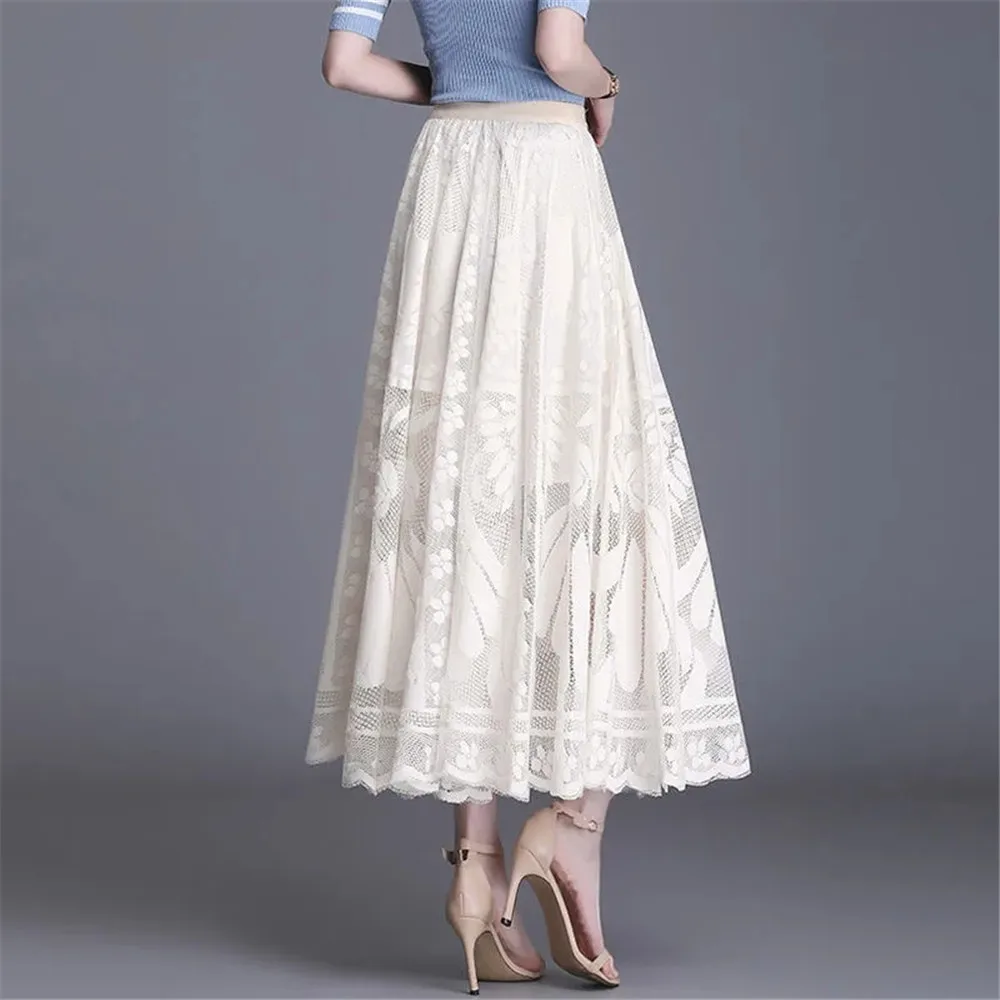 Black Lace Ruffles Tulle Skirt Women\'S Autumn Winter New A-Line Long Skirt Office Ladies Big Swing Gauze Hollow Pleated Skirt