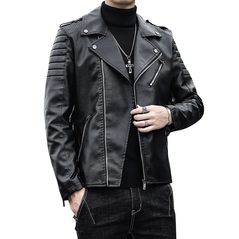 Fashion Leather Jacket Men's Autumn New Version Motorcycle Suit Male Zippers Rivet Decoration Leather Jacket Outerwear Trend