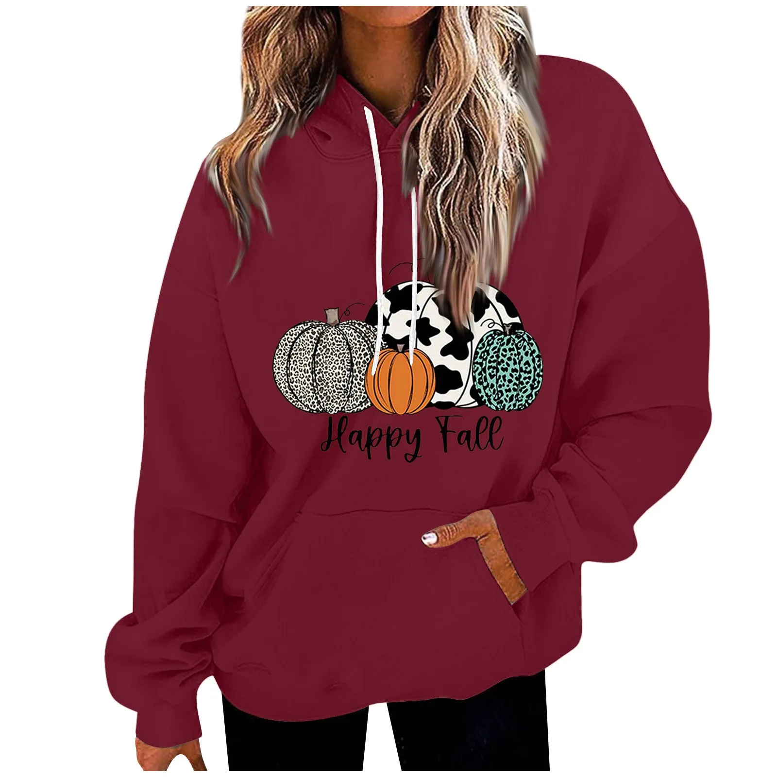 

Happy Fall Women'S Autumn And Winter New Fashion Casual Long Sleeve Hooded Pumpkin Print Pullover With Pockets Roupas Feminina