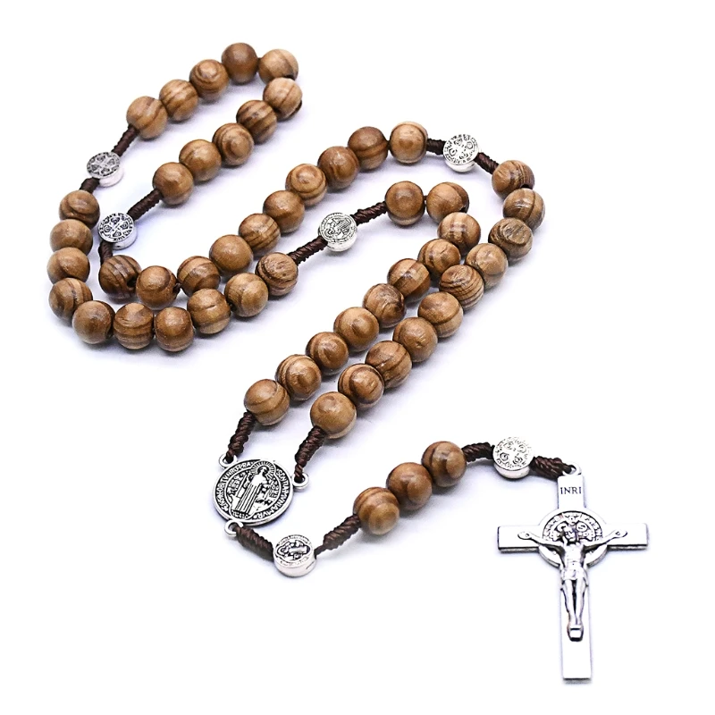 Handmade Round Bead Rosary Necklace for Men with Cross Jesus Pendant