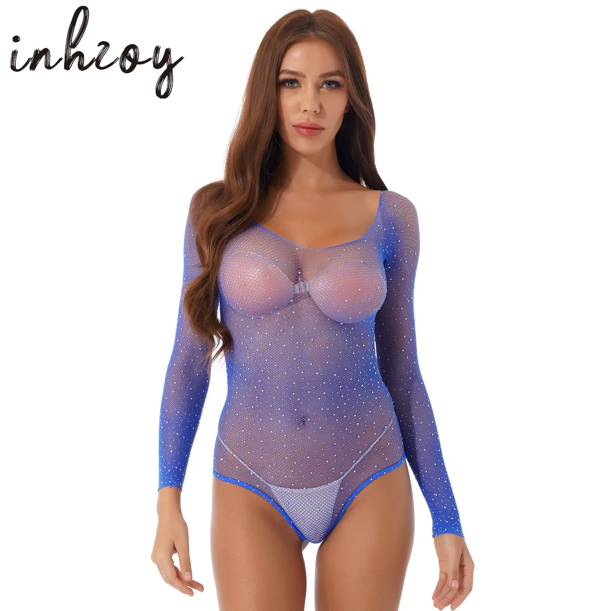 

Women Sparkly Rhinestone See-through Mesh Fishnet Leotard Bodysuit Lingerie Long Sleeve Net Teddy Bodystocking Clubwear